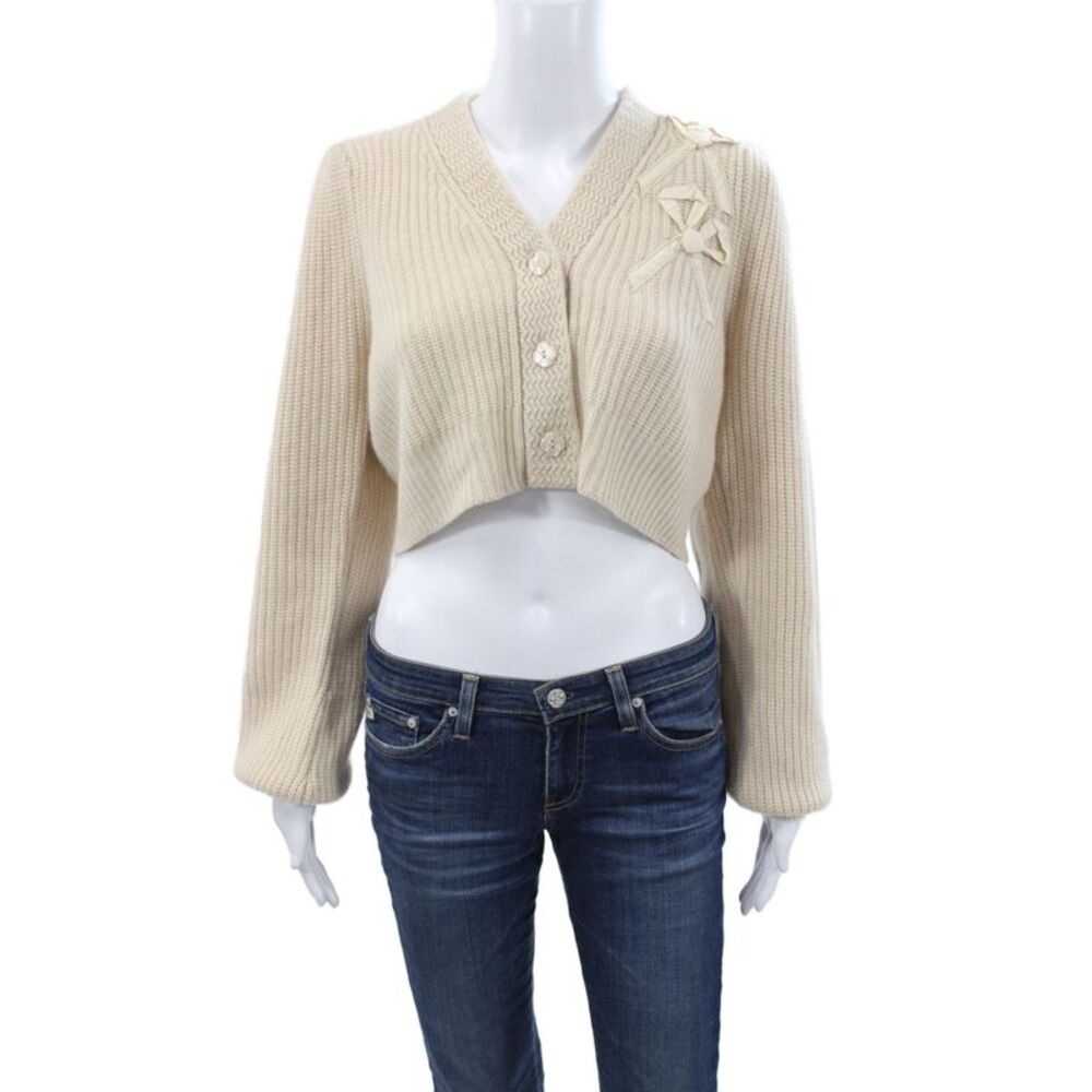Love Shack Fancy Women Ivory V-Neck Long Sleeve 100% Cashmere Cardigan Size S